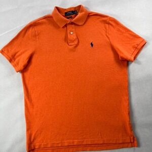 Polo Ralph Lauren Polo Shirt Men Medium Orange Iconic Mesh Classic Fit Blue Pony